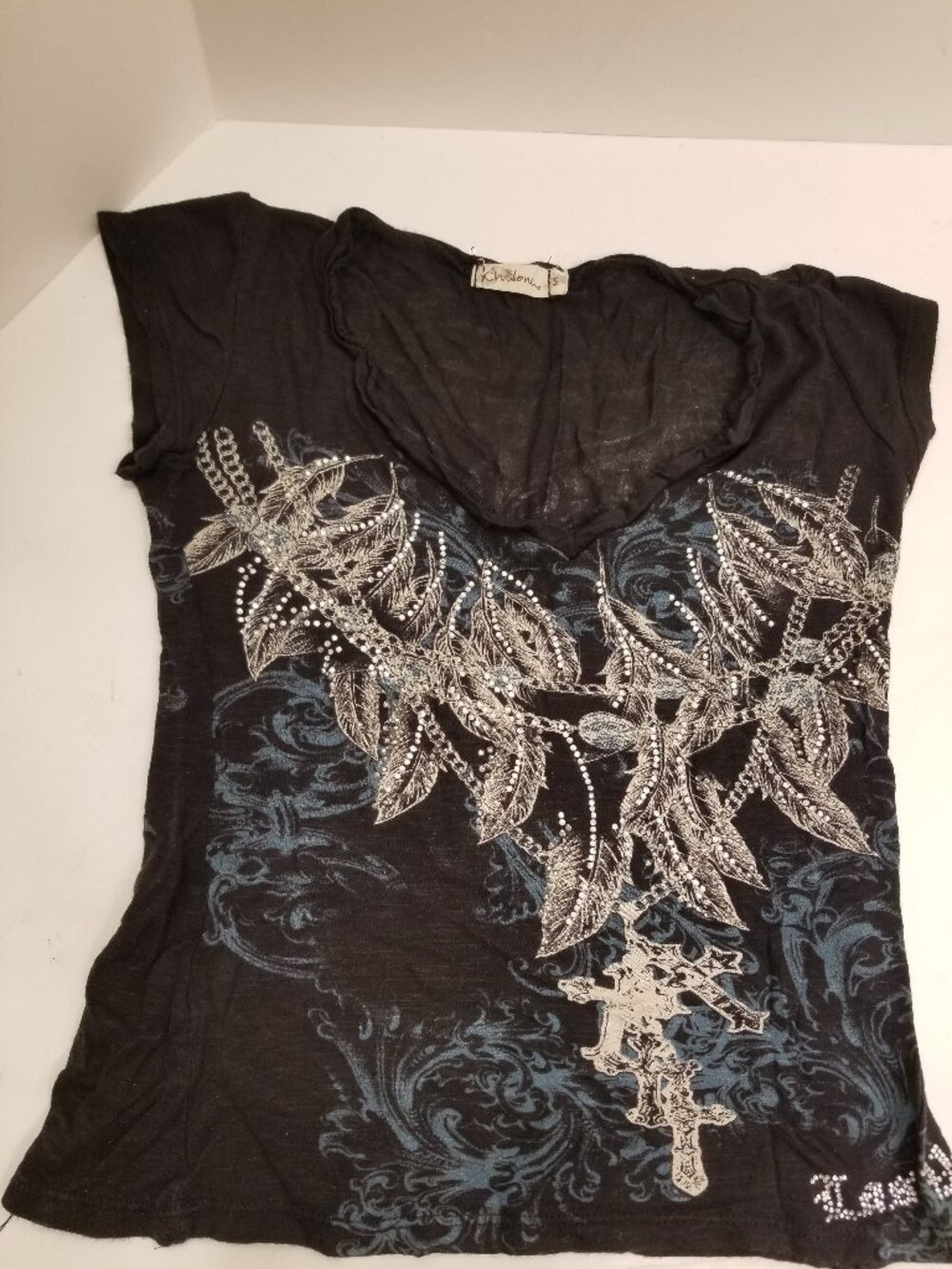 ✅Chelona Black Rhinestone Feather Cross Graphic Tee Y2K Bling S Cap Sleeve Top⚜❣